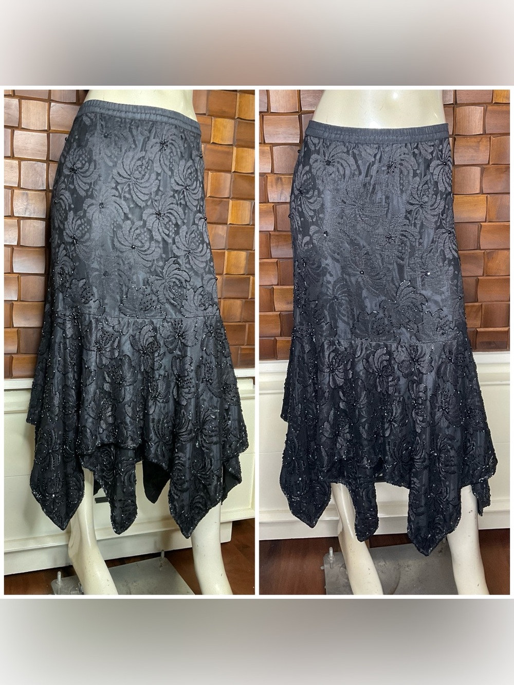 Vintage Goth Black Lace Heavily Beaded Asymmetrical Tiered Handkerchief Skirt Lg